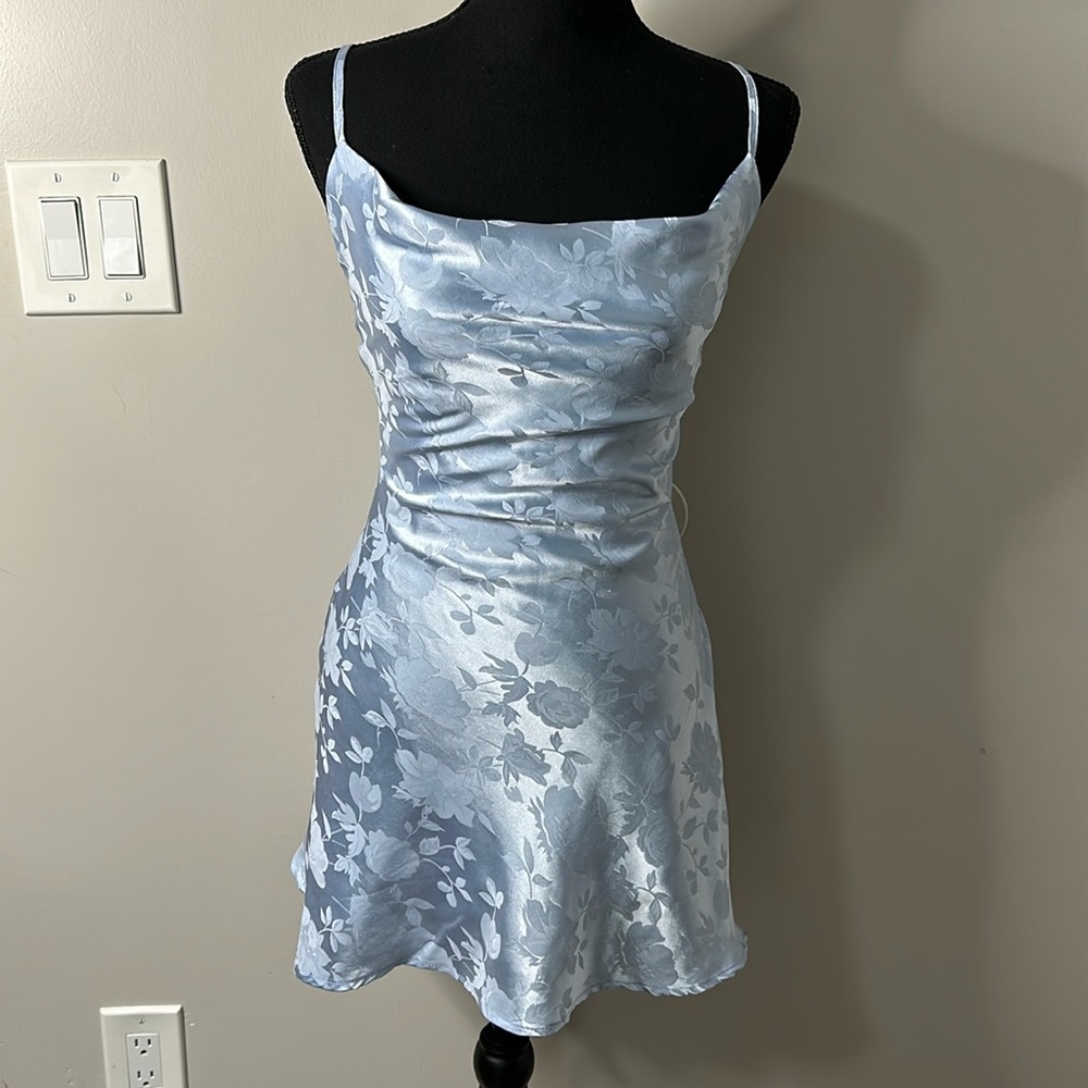 Dusty Blue Satin Jacquard Cowl Slip Mini Dress Size XS Lulus